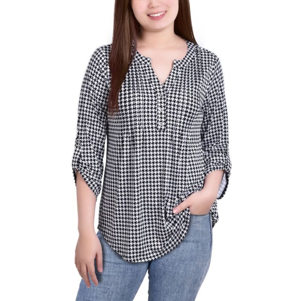 NY Collection Petite Knit Jacquard 3/4 Sleeve Roll Tab Top